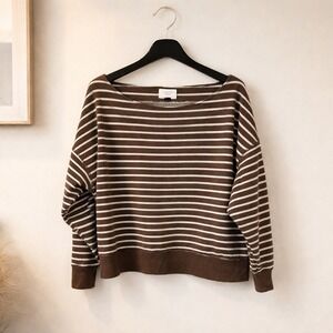 American Eagle Sweatshirt Women L Brown White Striped Boat Neck Cropped Pullover